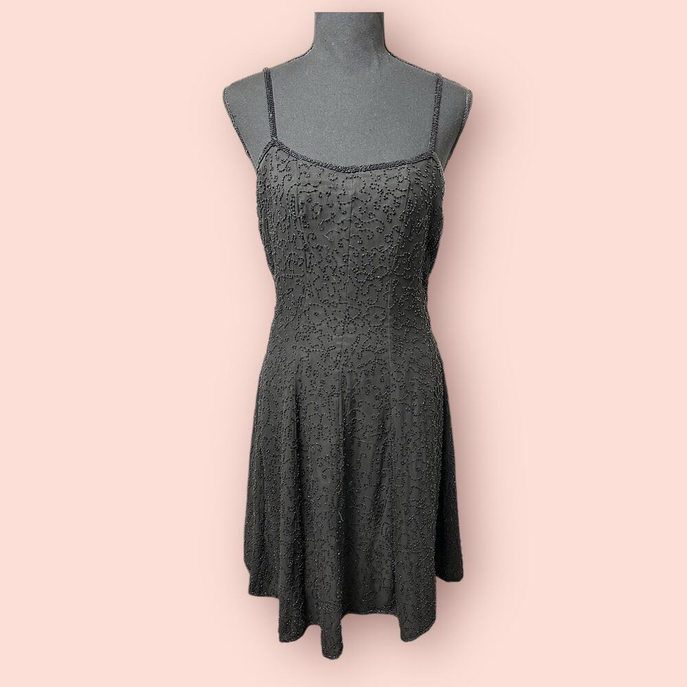 Vtg 90s Black Beaded Dress Size 8 A-line Tank Top Silk India Whimsygoth Hocoyt5e